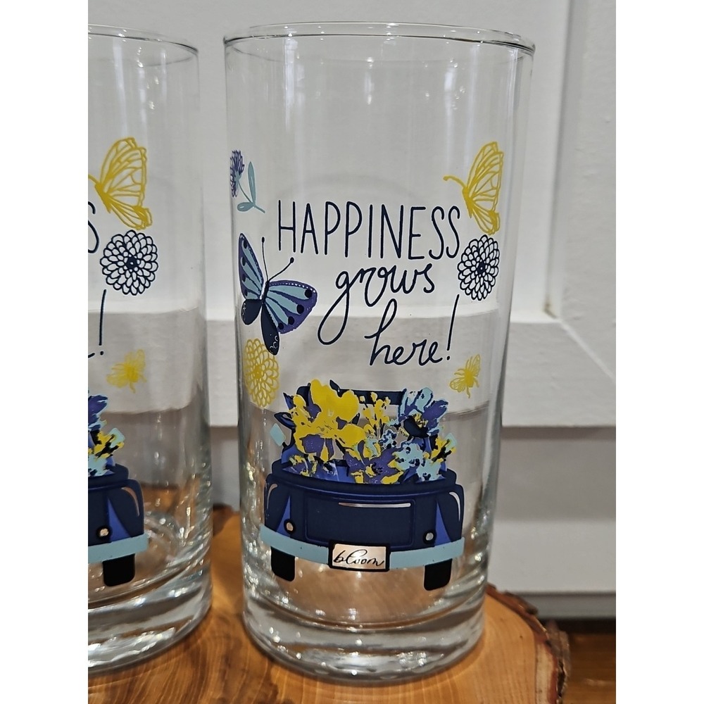 Vintage Set Of 3 "Happiness Grows Here" Drinking Tumbler Glasses Tall 16oz - Picture 5 of 7